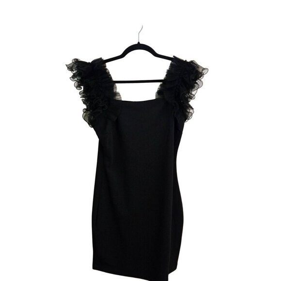 Thirty Thirty LA NWT Black Organza Ruffled Sleeve Bodycon Mini Dress Size L - Picture 1 of 6